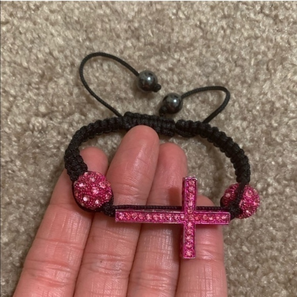 Pink and Black Sparkly‎ Cross Adjustable Bracelet